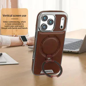 Luxury Faux Leather Smartphone Case - Compatible with iPhone 17/16/15/14/13/12 Pro Max & Plus Series, Supports Magnetic & Wireless Charging, Features 360-Degree Rotatable Finger Ring Stand, Solid Color Designer Cellphone Accessory for Handheld Devices