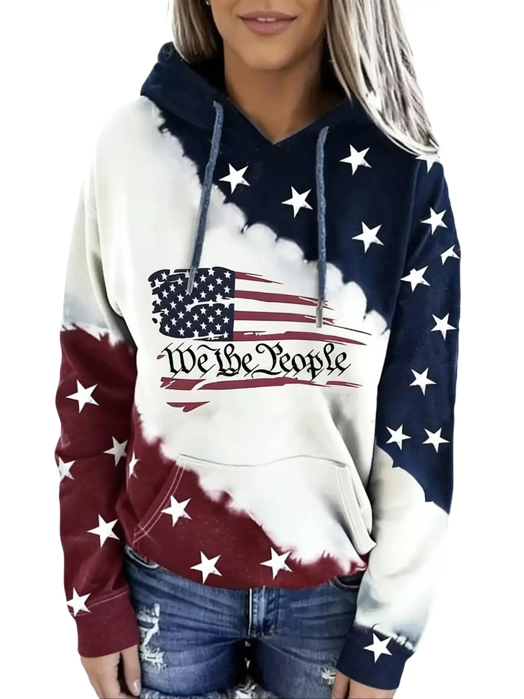 Women's "We The People" American Flag Print Hoodie, Tie Dye Stars & Stripes Patriotic Sweatshirt