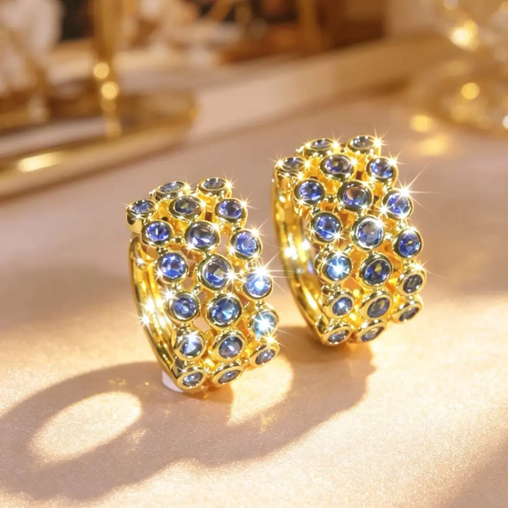 Gold Tone Blue Stone Hoop Earrings, Multi-Row Bezel-Set Design, Chunky Statement Hoops, Viral TikTok Jewelry for Women