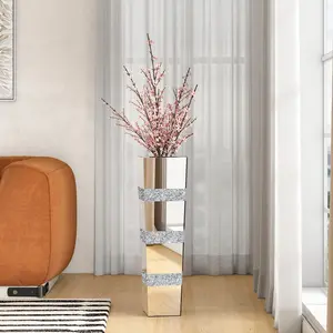 SHYFOY Mirrored Tall Floor Vase, 28" Large Crushed Diamond Floor Vase, Silver Decorative Tall Vases