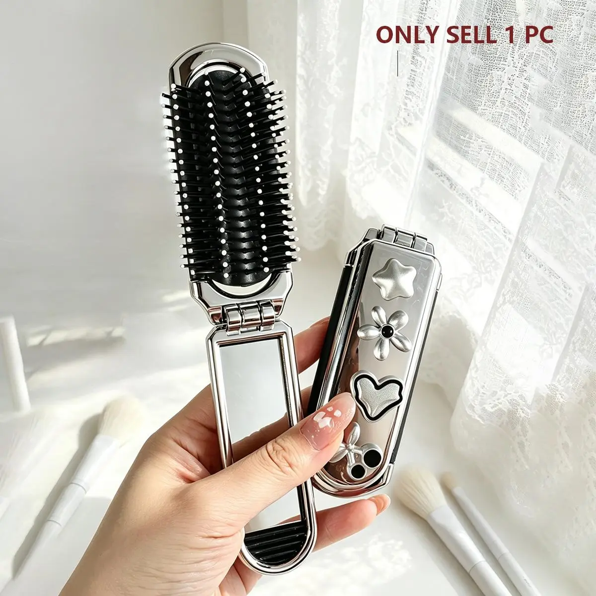 Foldable Comb with Silver Color Plating, Heart Star Flower Cherry Decor, DIY Design with Mirror, Portable Travel Comb for Men and Women, Hair Combs