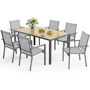 Gizoon Patio Table and Chairs Set for 6, Outdoor Dining Set Includes 59.5" Rectangle Patio Table with Side Umbrella Hole and 6 Textilene Fabric Patio Chairs for Courtyard, Backyard, Pool, Grey&Brown