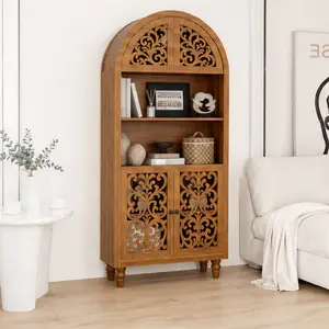 ARCH Vintage Arched Carved Wood Cabinet, 66" Tall Open Shelf Bookcase, Freestanding Decorative Storage for Home & Office, Walnut Melamine, 2 Open Shelves & 2 Enclosed Compartments, Hand-Carved Floral Patterns, Narrow Vertical Design, Easy Assembly