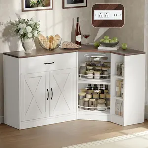 Corner Cabinet w/Charging Station, Kitchen Pantry Cabinet w/2 Tier Lazy Susan Turntable, Farmhouse Food Pantry w/Drawer & Doors & Adjustable Shelf, L-Shaped Sideboard