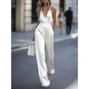 Women’s sleeveless V-neck backless wide-leg jumpsuit with a pearl strap, elegant yet casual style, suitable for everyday wear and special occasions GARMENTARY