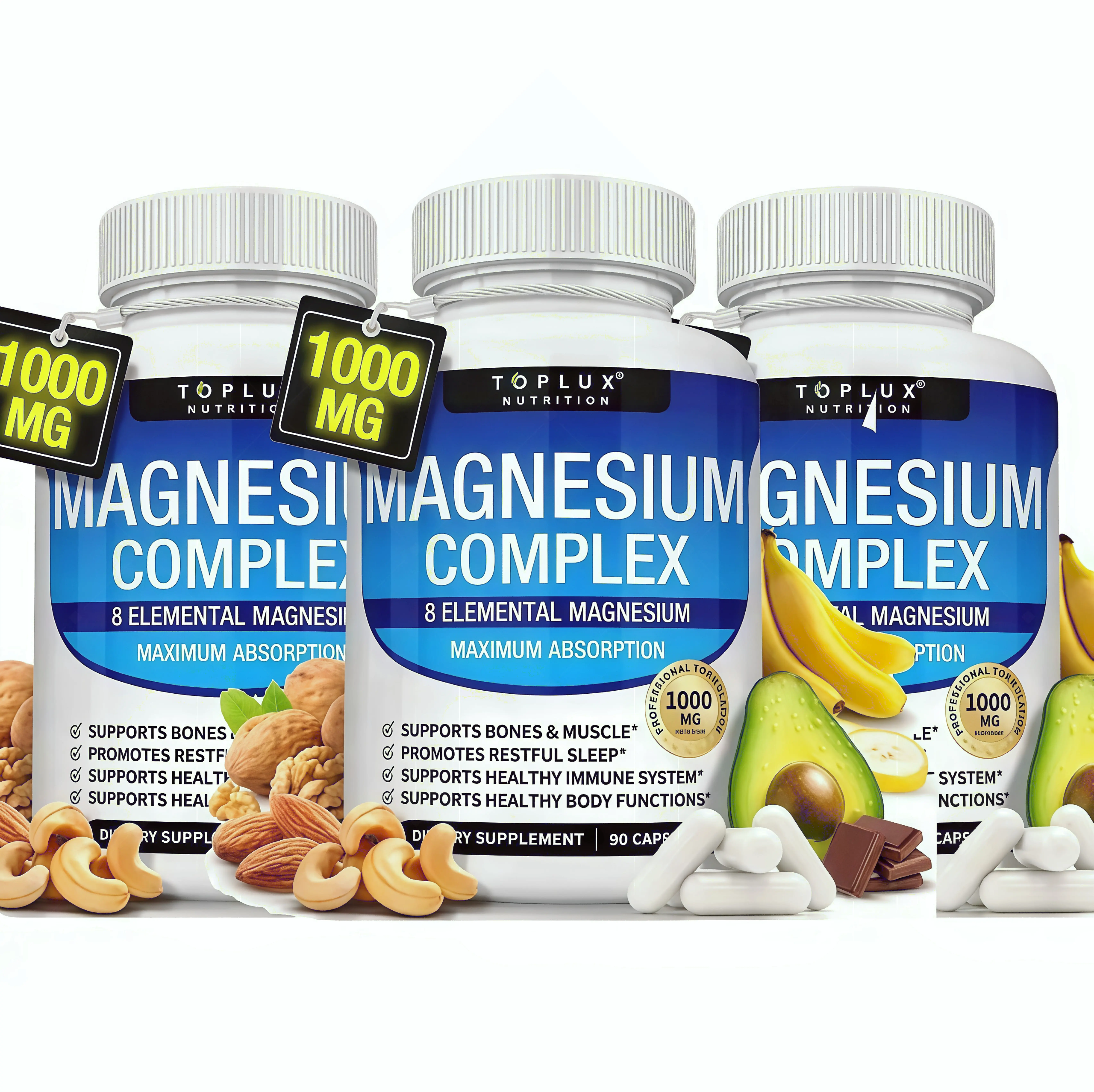3 Piece Toplux Magnesium Complex AI 8 Essential Magnesium Supplement 1000mg Fitness Edible