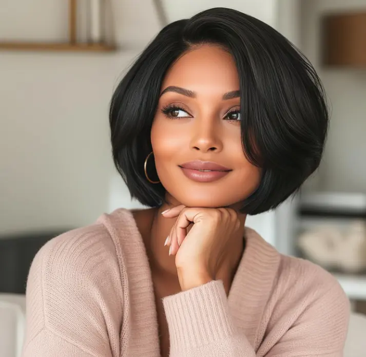 Women's 8-in Short Straight Black Synthetic Wig, Short Bob Cut with Bob Cut Bangs, for Costume Parties