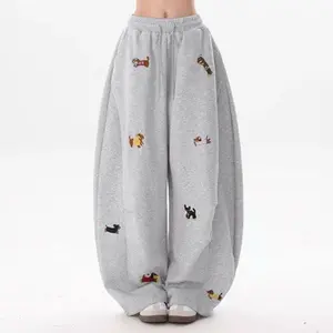 Women's Lazy-Style Embroidered Dog Drapey Straight Curvy Wide-Leg Pants