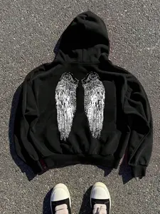 Men's Hoodie Fitted Angel Wings Embossed Diamond Graphic Pattern, Trendy Fashion Street Dance Rap Casual Comfortable Vintage Style
