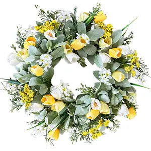 Qingbei Rina Spring Wreaths for Front Door, Yellow Tulip Wreath for Decorating with Lambs Ear, 20-22 Inch Door Wreaths Indoor Outdoor for Party Holiday Farmhouse Wedding Home Decor