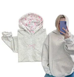 Bow Hoodie, Hibiscus Women's Oversized Cute Pattern Embroidered Preppy Pullover, 2000s, Long Sleeve Sweatshirt Pullover
