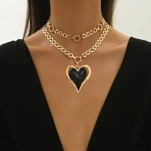 Layered Chain Necklace with Black Heart Pendant - 1 Golden Plated Elegant Multi-Strand Design for Daily Wear & Parties, Ramadan Gift, Year-Round Versatile Accessory, Year-Round Fashion Accessory, Daily Wear Necklace, Heart Pendant Necklace, Multi