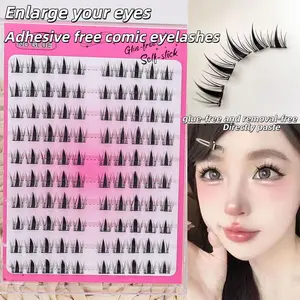 Free adhesive 100 clusters of Korean style exquisite black anime eyelashes, natural, dynamic, and curly design, can be reused by beginners, DIY length 10-13mm, Fluffy eyelash clusters