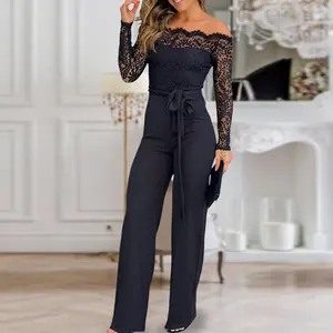 ChicMe Women's 2026 Off Shoulder Long Sleeve Valentine's Day Eyelash Lace Patch Slim Fit Jumpsuit Tied Detail Casual Overalls Elegant Black Fitted Piece for Wedding & Wedding Guest