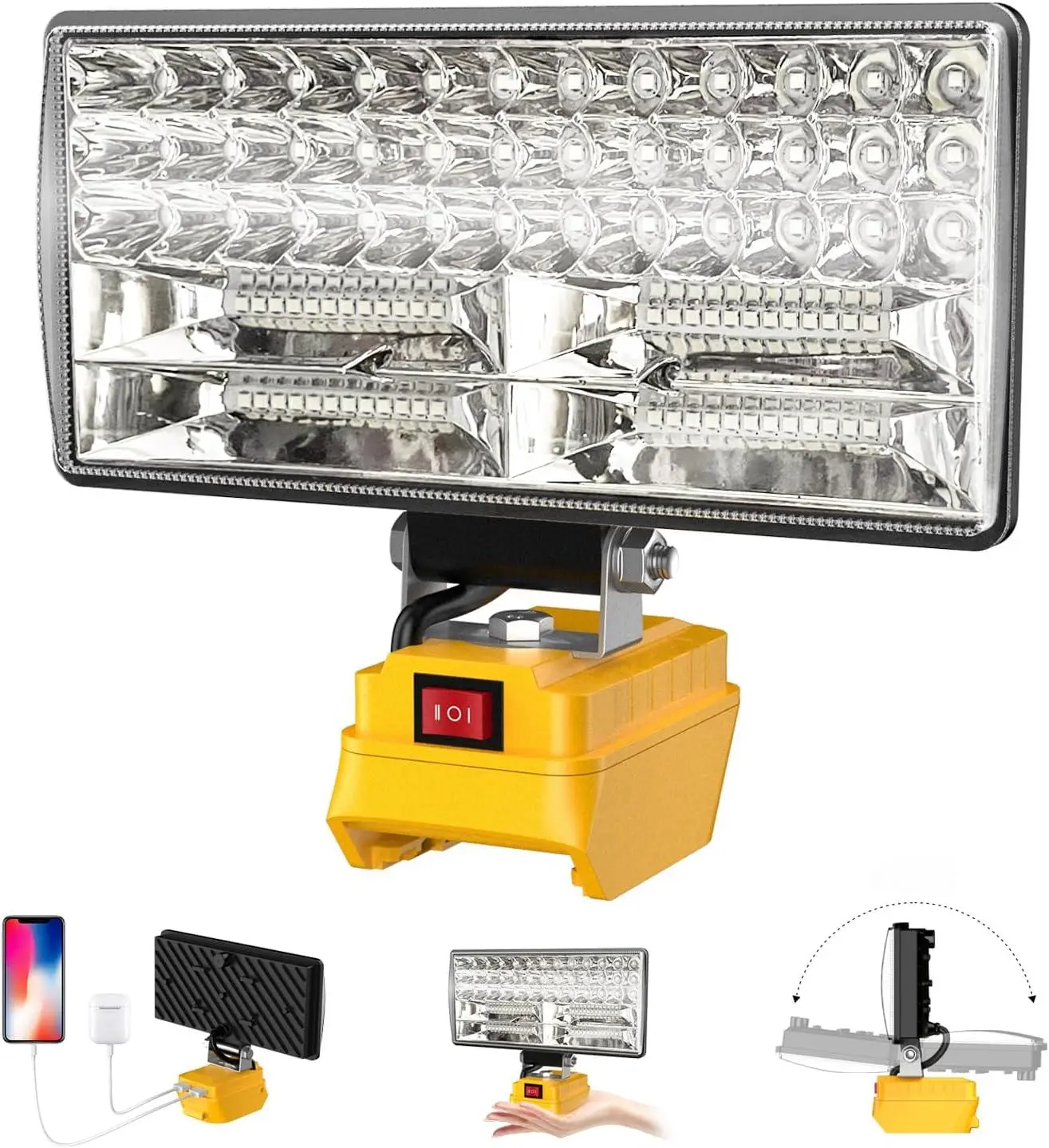 Portable Cordless LED Work Light for 20V Batteries, 90W 5400LM Wide Beam Floodlight, 2 USB Charging Ports, Rechargeable High-Lumen Light for Camping, Workshops, Emergencies, Portable Cordless Light（NO battery）