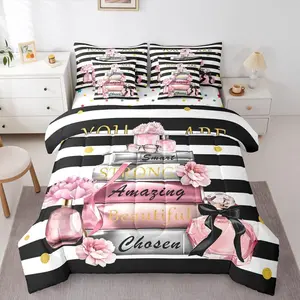 Feelyou 7-Piece Girls' Bedding Set, Black-Pink & Black-White Striped Modern Bed-in-a-Bag with Sheets, Girly Inspirational Cute Design for Women, Multi-Size Option, Flower & Books Perfume Fashion Themed Comforter Set