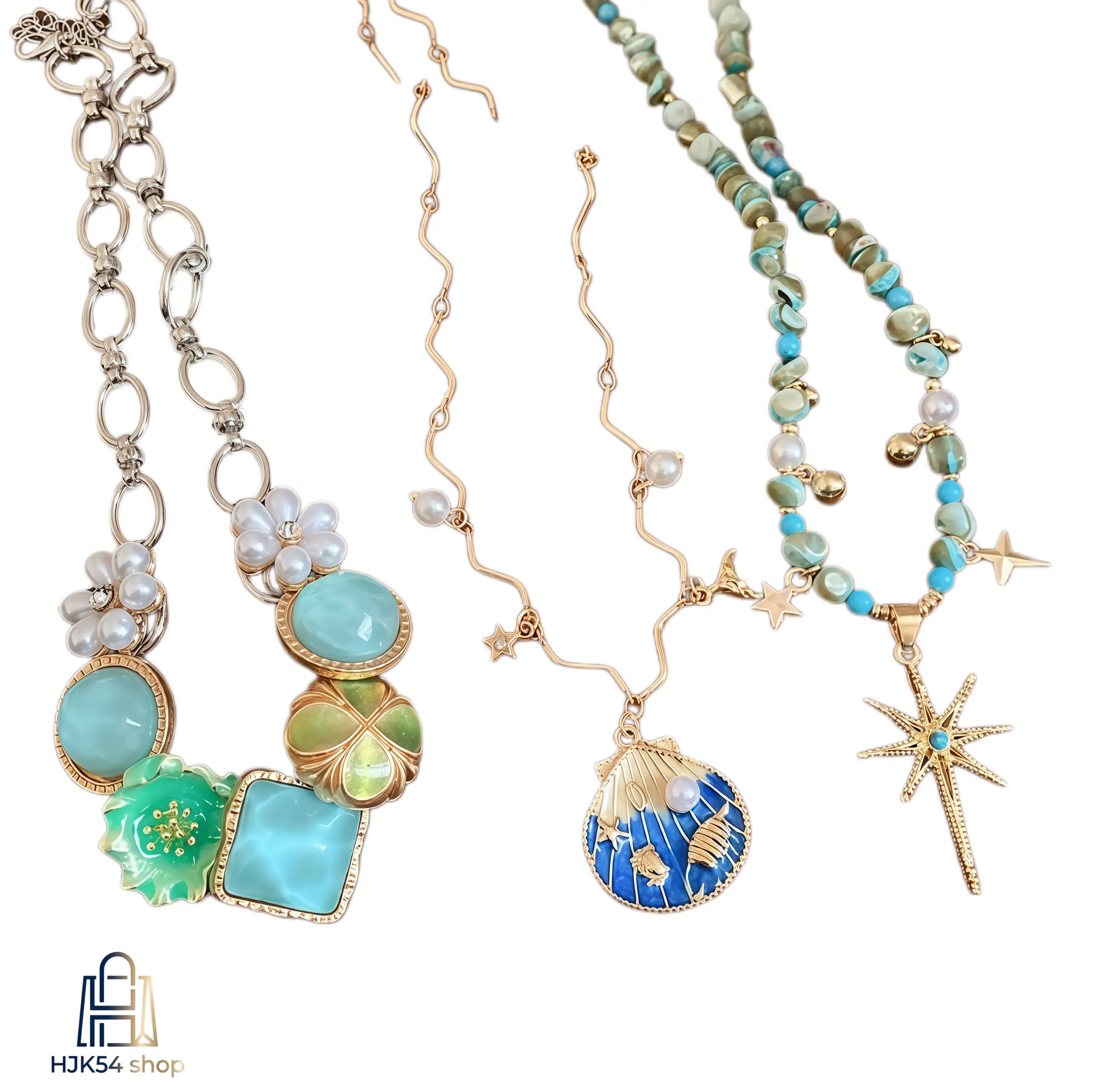Women's Gold-Plated Ocean-Themed Layered Necklaces Set - Gold Luster Pieces with Shell Pendant, Blue Stone Chokers, Starfish & Floral Drop, Coastal Girl Dangling Blue Charm Jewelry, Blue Charm Necklaces, Coastal Girl Necklaces