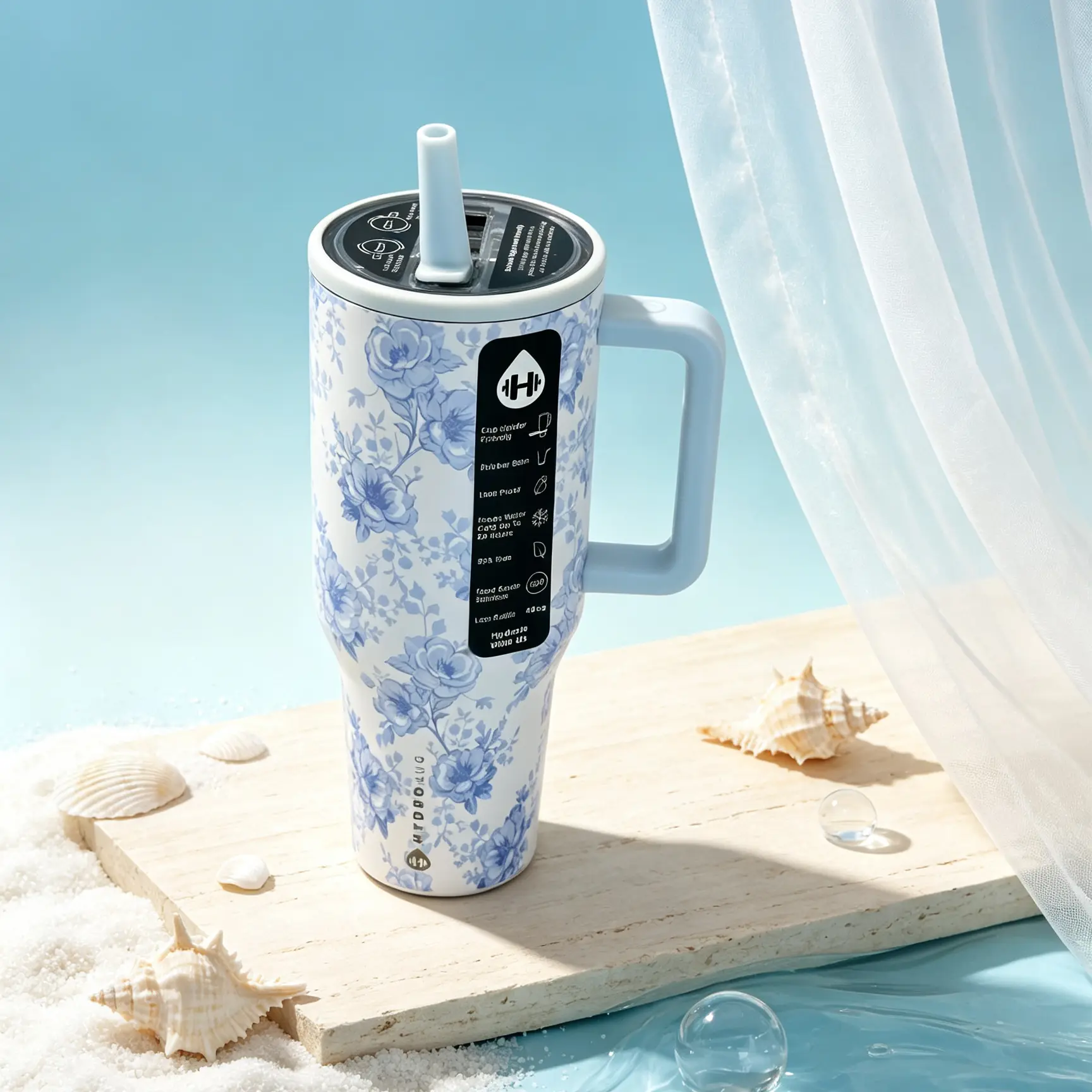 HydroJug 40oz Insulated Tumbler with Handle, Blue Porcelain Rose Floral Print Stainless Steel Water Cup, 24 Hours Cold Retention Leakproof Straw Mug for Car Gym Travel