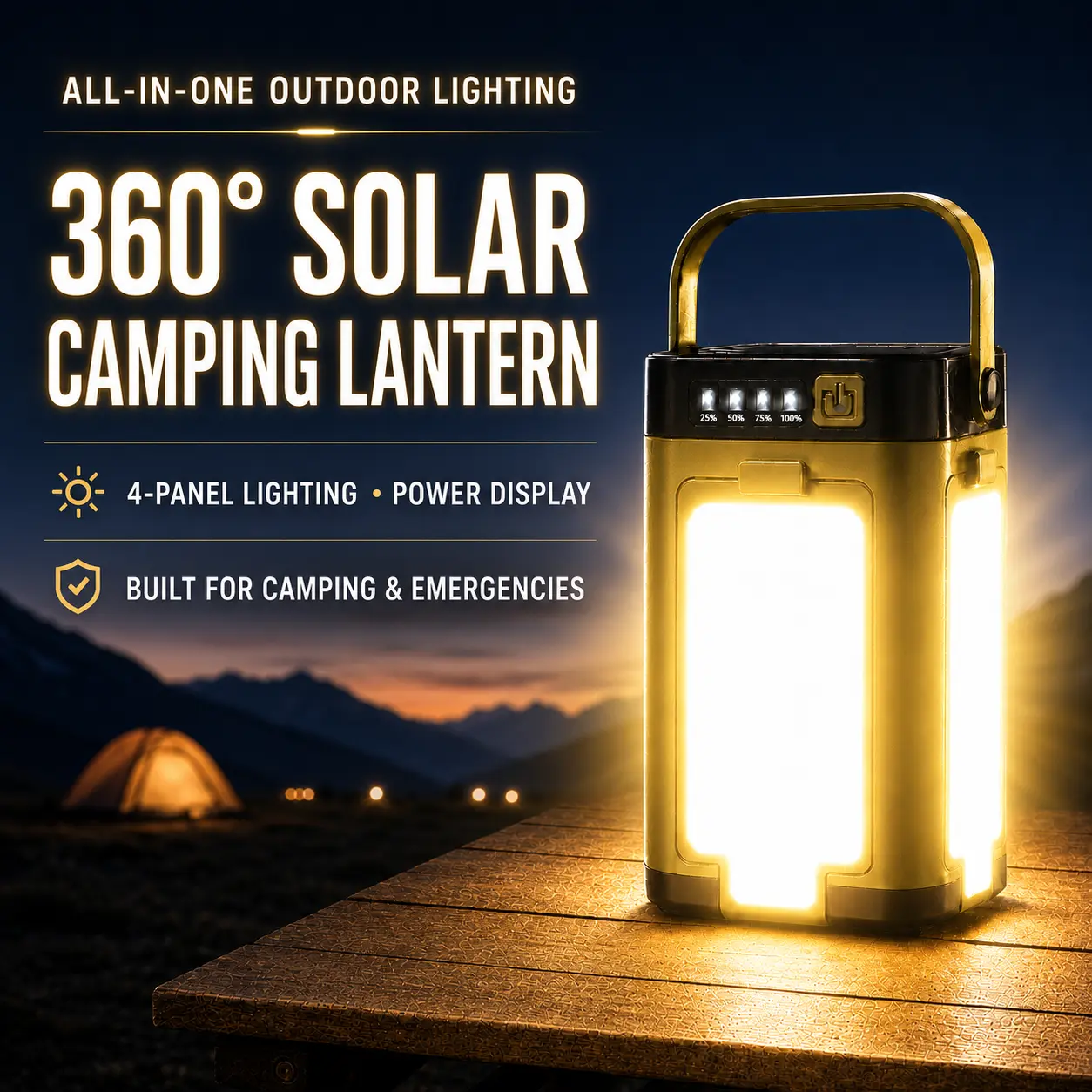 Solar Rechargeable Camping Lantern, Foldable LED Camping Light with 6 Lighting Modes, Adjustable Light Panels, Battery Level Display and USB Output for Camping, Fishing, Hiking, Emergency and Outdoor Use
