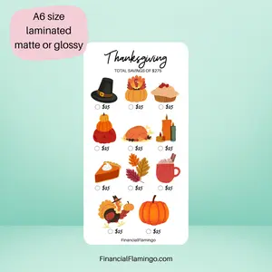Thanksgiving Savings Challenge A6 Size Laminated Matte or Glossy Reusable Tracker for Festive Budgeting