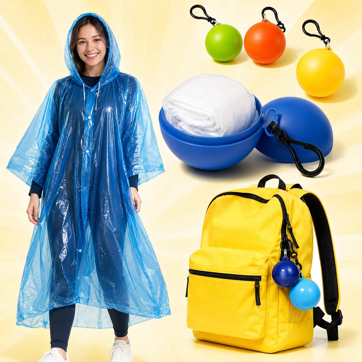 2 Pack Portable Emergency Rain Ponchos with Ball Case, Lightweight Hooded Raincoat Keychain for Adults, Random Colors