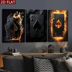 3Counts Wooden Framed Canvas, Flame Poker Art Poster - Themed Poster,Burning Playing Card Ace Images,  Fashion Living Room Decoration, Modern Art, Perfect Home Poster, Wall Art Murals, Apartment Dormitory, High Definition, Waterproof, Art, Unique Artwork