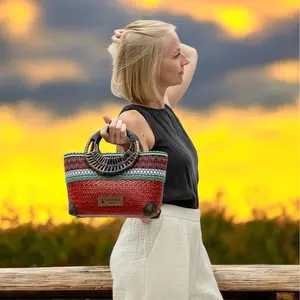 Handwoven Contemporary Thai Straw Krajood Bags with Bamboo Handle Batik Border and Zipper Closure Stylish Evening Bag Travel Bag for Weddings and Girls Trip Gift for Her