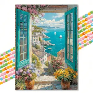 Mediterranean Window Sea View Diamond Painting, Fresh Oil Painting Style, Floral Town 5D Embroidery DIY Art, Living Room Hallway Decor, Handmade Gifts