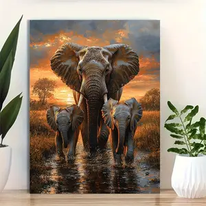 [1pc Elephant Canvas Print] 1pc Vibrant Sunset Savannah Scene - Framed African Elephant Family Canvas Print Wall Art, 12x16 Inch Wildlife Home Decor, Ready-to-Hang Animal Picture Print, Elephant Decor, Naturethemed Artwork, Warm Color Palette, Textur