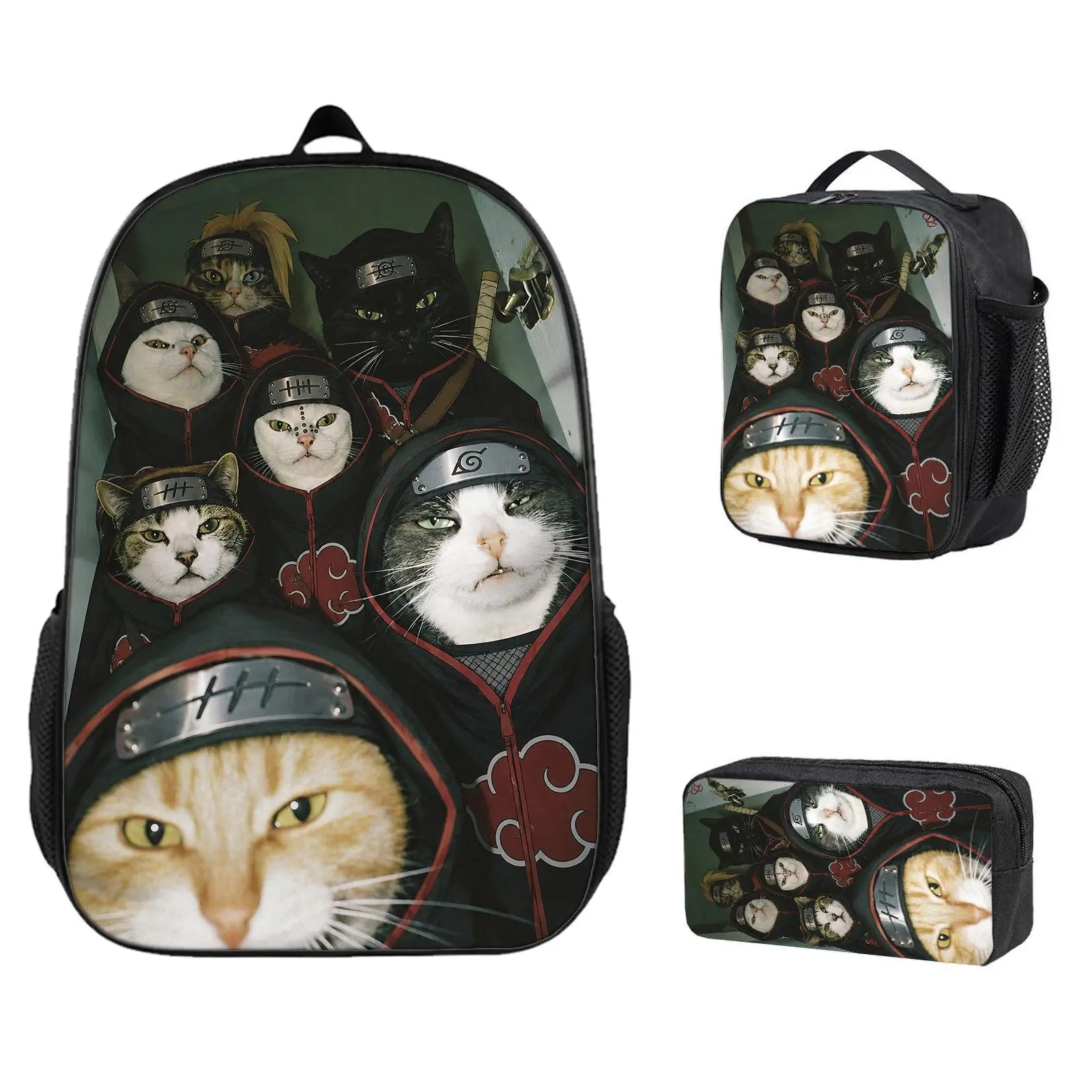 3-Piece Lightweight Casual Backpack Set - Insulated Meal Bag, Pencil Case, Akatsuki Ninja Cat Costume Hoodie, Cosplay Outfit, High-Quality Anime Themed Gifts for Children