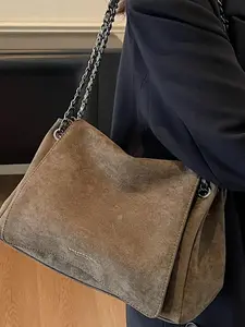 Women's Fashionable Plain Suede Crossbody Shoulder Bag, Trendy Woven Chain Design for Work & Shopping, Perfect Valentine's Day Gift, Handbag Shoulder Bag, Casual Trendy Bag