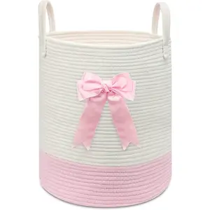 Woven Laundry Hamper Basket with Bow Large Tall Clothes Storage Basket for Baby Nursery Girls Room Bathroom Bedroom Organizer 15"x17.7"