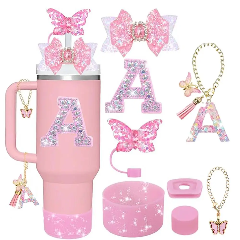 Letter A-z Butterfly Glitter Water Bottle Accessories Set, Including Tumbler & Chain & Keychain & Hair Tie & Bracelet & Sticker, Drinkware Accessories