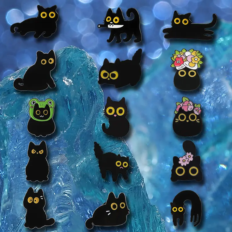 15PCS Cute Black Cat Coal Ball Collar Clips & Brooches - Animal Cat Eyes Metal Badges, Geometric Baking Paint, Adjustable Clips, Bag Accessories for Daily Wear, Travel Gifts for Adults, Christmas, Beach, Engagement, School, Animals