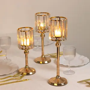 Set of 3 Crystal Pendant Hurricane Candle Holders in Gold, Elegant Cylindrical Design for Pillar Candles, Decorative Table Centerpieces - 11",13",15"
