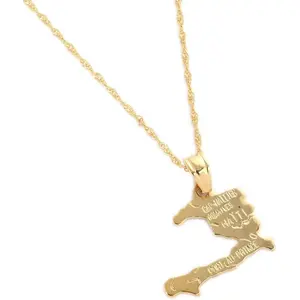 24K Gold Plated The Republic of Haiti Map Pendant Necklace Chain Port-AU-Prince Map Jewelry