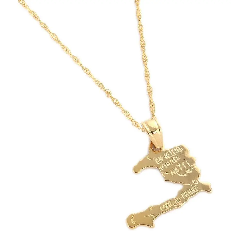 24K Gold Plated The Republic of Haiti Map Pendant Necklace Chain Port-AU-Prince Map Jewelry