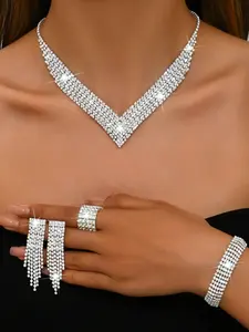 New Bride Jewelry Set, Shiny Crystal Earrings, Elegant Necklace Bracelet Ring, Wedding Banquet Party Accessories