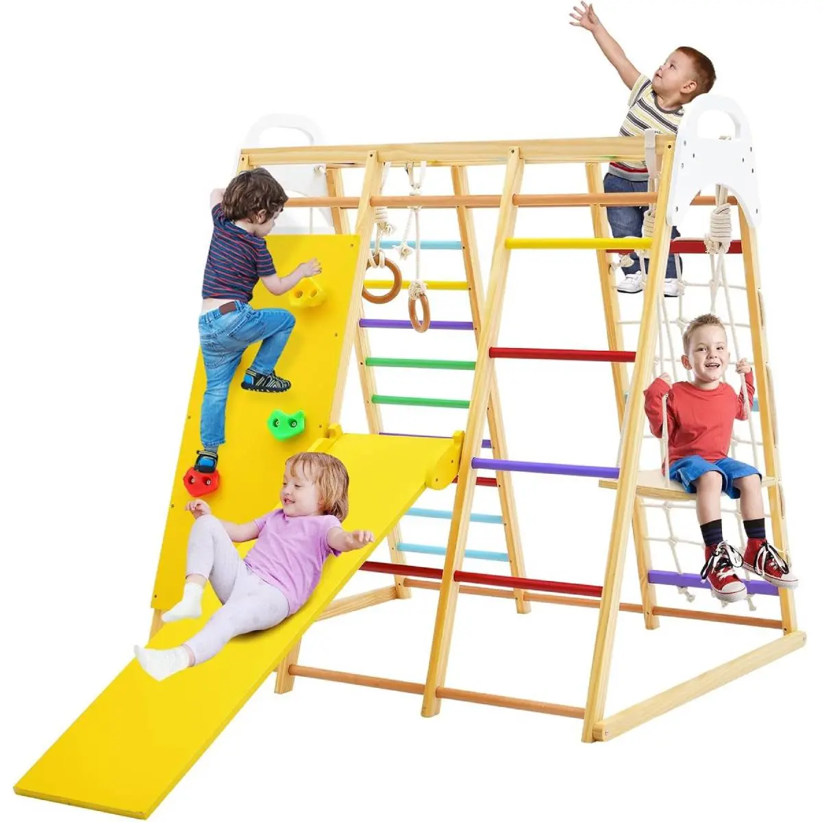 Costzon 8-in-1 Wooden Jungle Gym for Kids Ages 3+, Indoor Playground with Slide, Swing, Monkey Bars, Rope Ladder, Climbing Rock, Climbing Net, Gymnastic Rings, Sturdy Fitness for Everyone