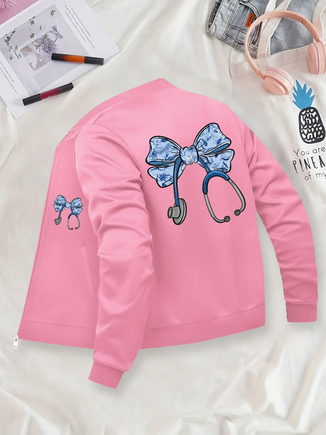 Nurse Style Bow & Stethoscope Printed Bomber Jacket - Fashionable Casual Outerwear, Polyester Knit Fabric with Pockets, Fitted Style for Autumn/Winter, Random Print Pattern Suitable for Young Adults.