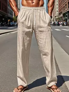 Men's Cotton Linen Drawstring Casual Pants, Loose Elastic Waist Beach Long Pants, Summer Breathable Straight Leg Men's Trousers, Casual Loose Comfy