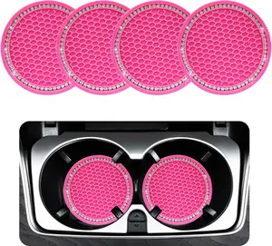 4 Pack Bling  Cup Coaster,  Soft Rubber Cup Holder Insert Coaster, Anti-Slip Rhinestone Drink Cup Mat, Universal Interior Accessories for  SUV  (Rose Red&White)