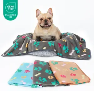 1 Pack 3 Blankets Fluffy Premium Fleece Pet Blanket Flannel Paw Printed Throw for Dog Cat (Medium 30"x20", Grey/Brown/Blue)