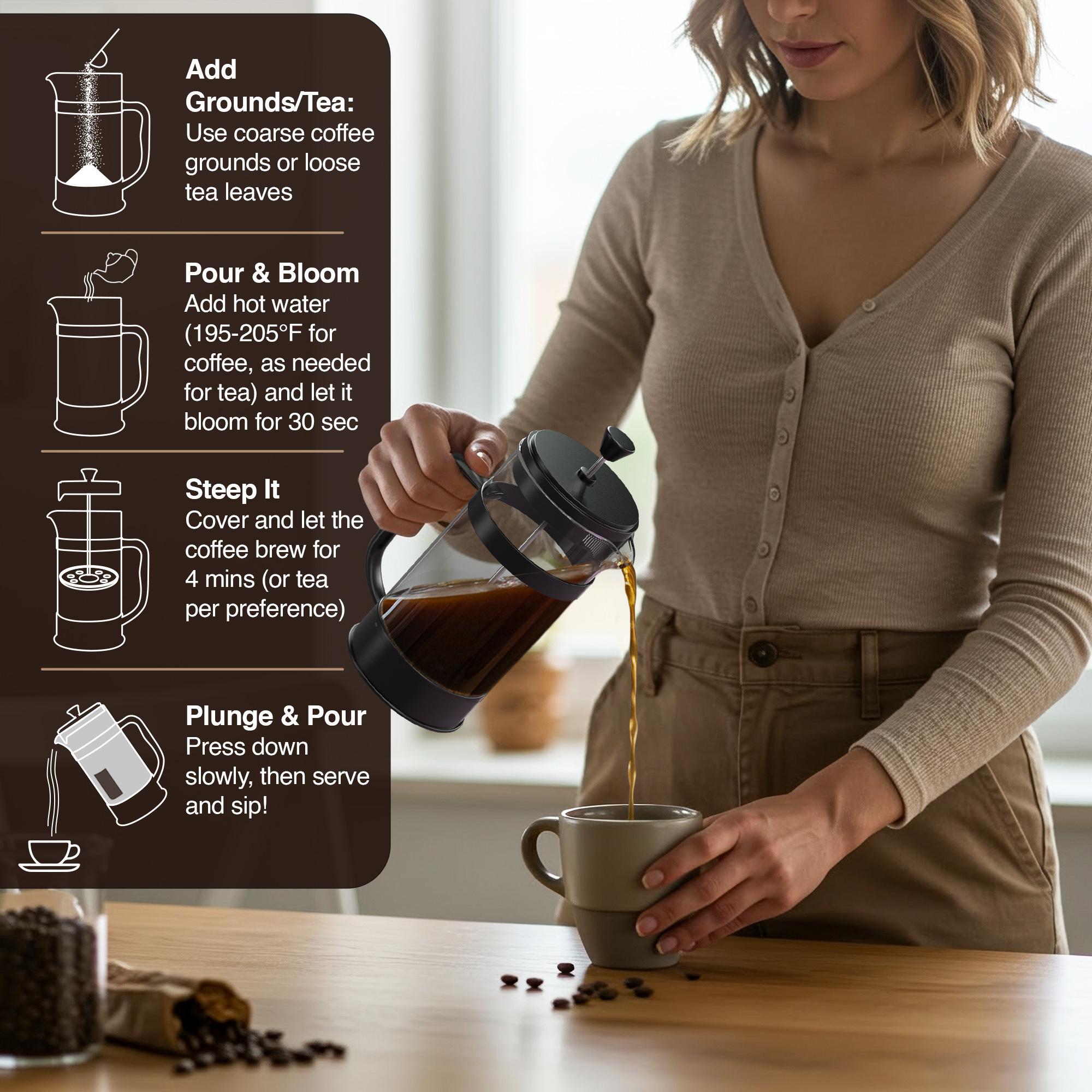 Utopia Kitchen 34oz Borosilicate Glass French Press | Heat-Resistant Coffee & Tea Maker, Thickened Glass, Travel & Camping Ready – Black