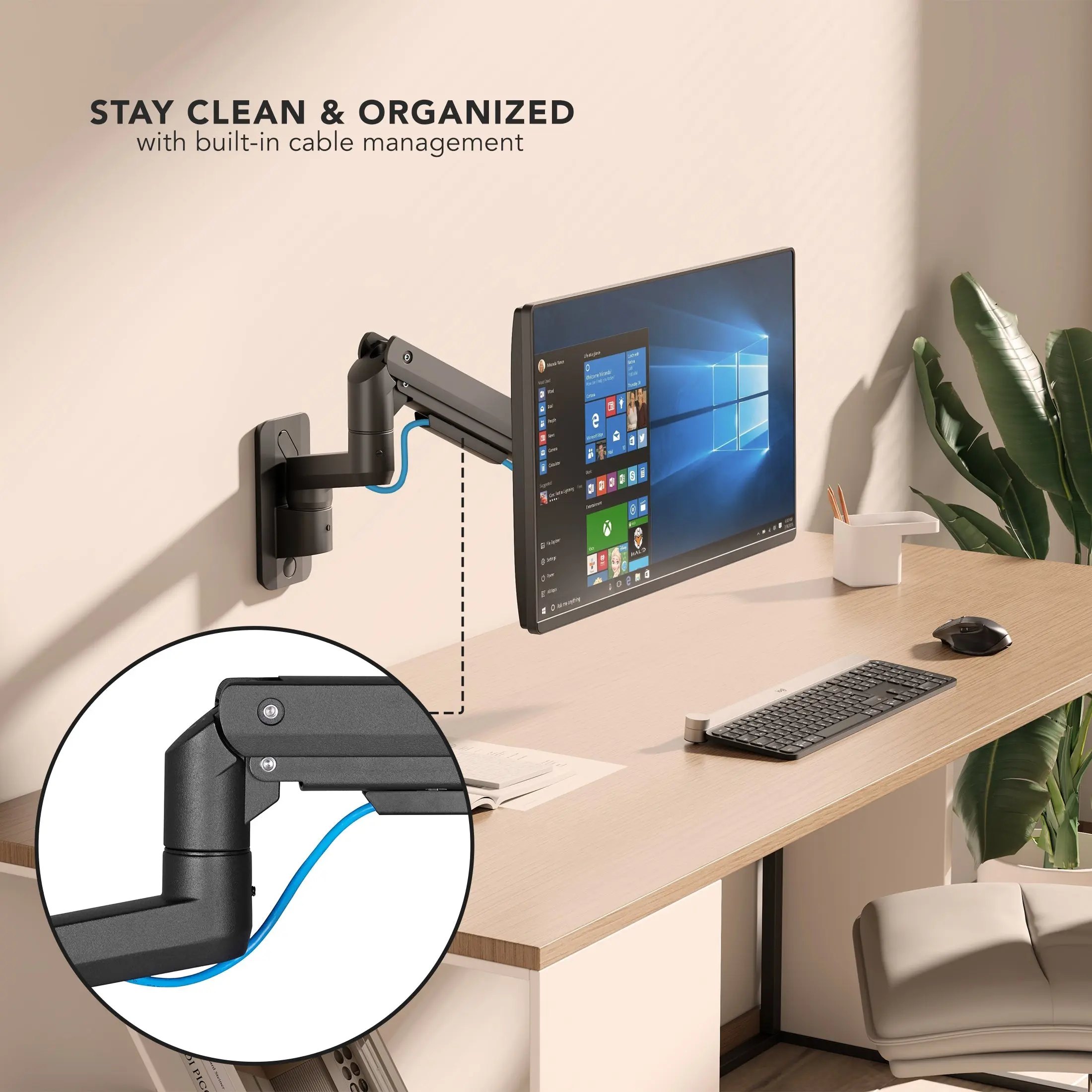 Mount-It! Alloy Steel Adjustable Monitor Wall Mount - Modern, Space-Saving, Strong Materials, Gas Spring Arm, Ergonomic Design, Built-In Cable Management, Holds Up to 44 lbs & 49" Monitors, Ideal for Office Use, Office Furniture Accessory