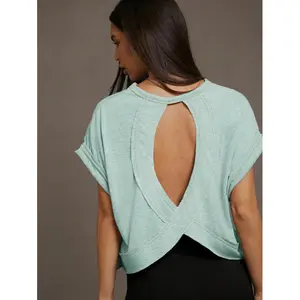 Women Summer Solid Color Round Neck Batwing Short Sleeve Loose Casual T-Shirt With Hollowed Back Fabric Fit