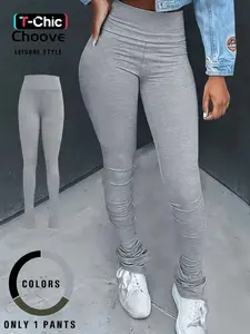 Women's Solid Ruched High Waist Skinny Fit Pants, Casual Street Comfy Stack Trousers for Everyday Wear, Pants for Women, Ladies Bottoms for All Seasons, Womenswear