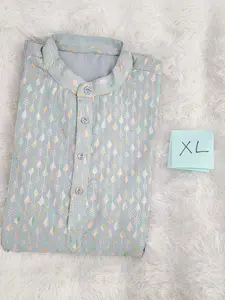 Men’s Soft Georgette Chikankari Kurta – Pastel Powder Blue – Size XL