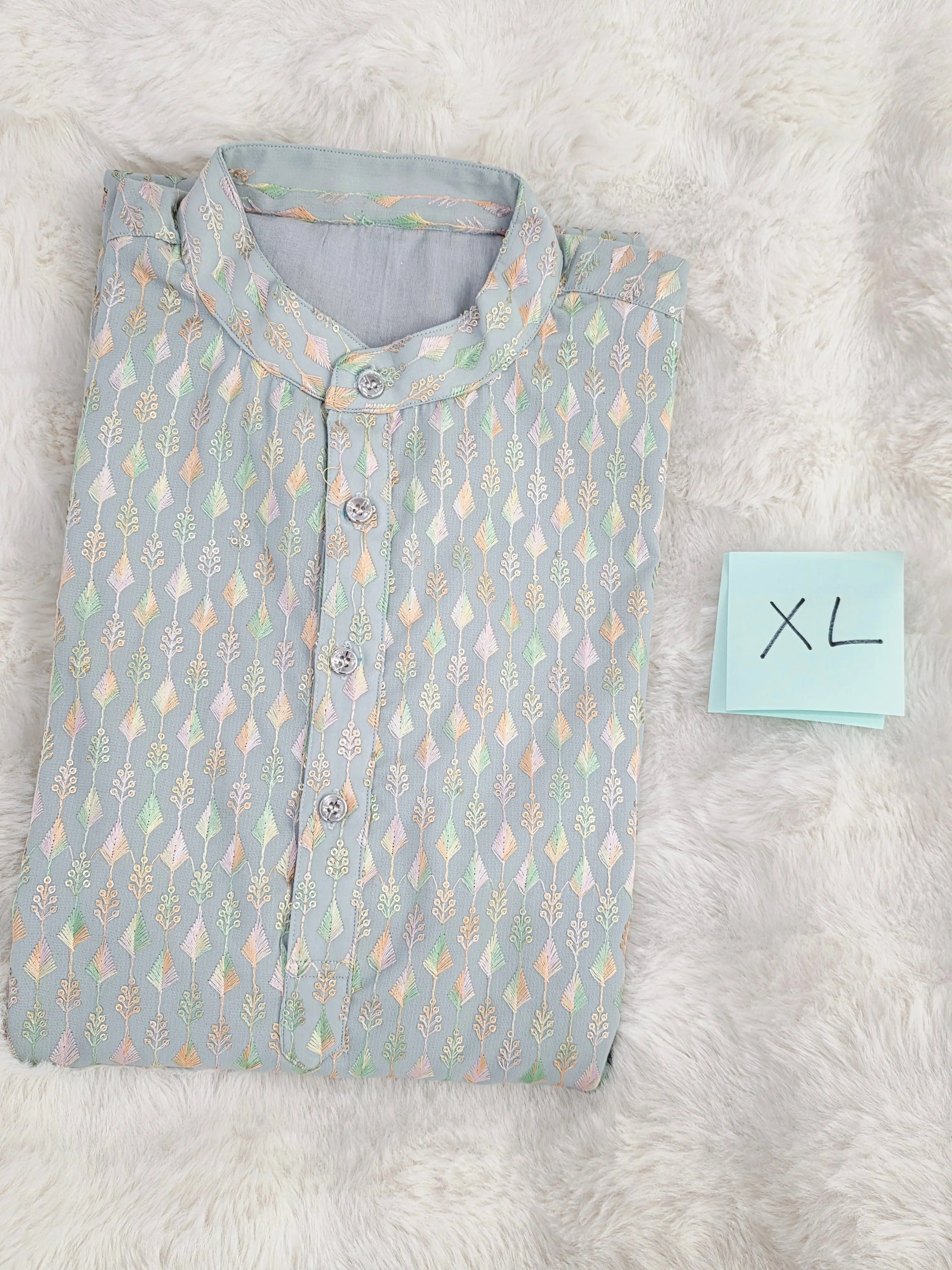 Men’s Soft Georgette Chikankari Kurta – Pastel Powder Blue – Size XL
