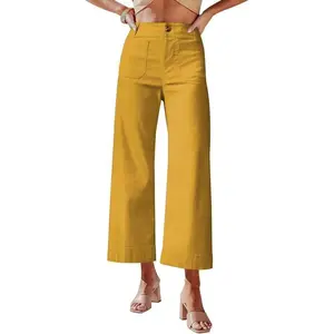 Womens High Waisted Cropped Wide Leg Stretchy Straight Pants Trousers with Pockets